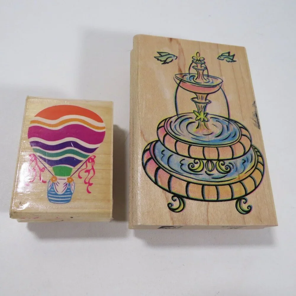 Rubber Stamps Wood Mounted Large Fountain, Hot Air Balloon